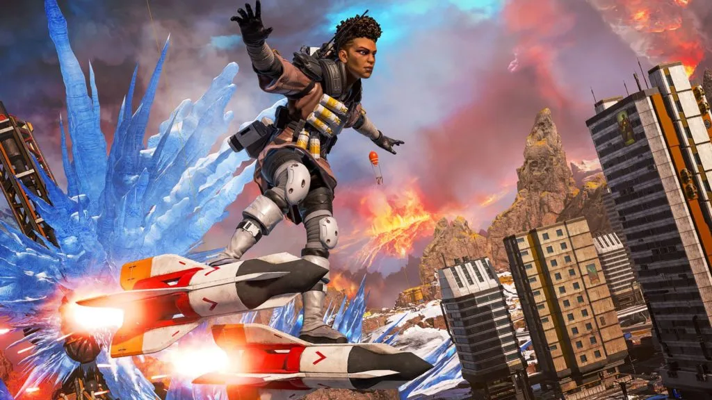 Bangalore from Apex Legends standing on two rockets, flying through the air while ice and fire engulf a city behind her.