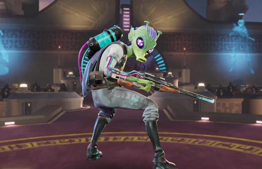 Skora with a gun in an arena in Star Wars: Hunters.