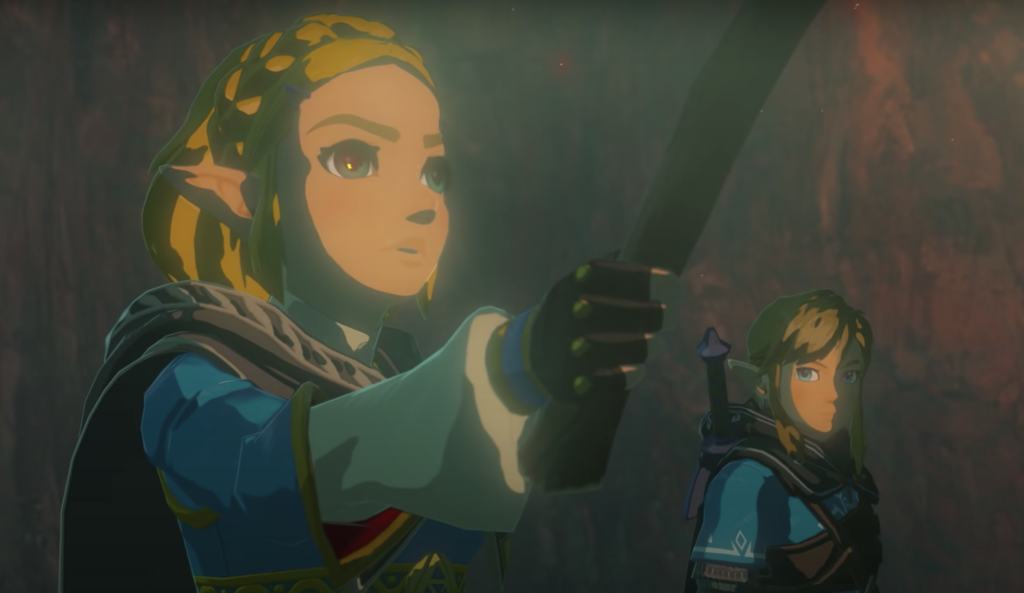 Zelda holding up a torch while in a cave and Link onlooking from the side