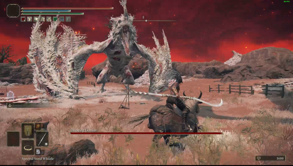 The dragon, Decaying Ekzykes , in battle in Elden Ring.