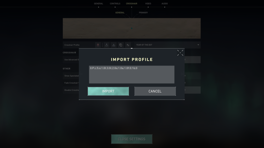 Screenshot of the "import profile" crosshair setting in VALORANT.