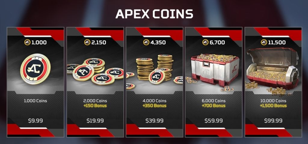 A display of all available purchase options for Apex Coins in Apex Legends.