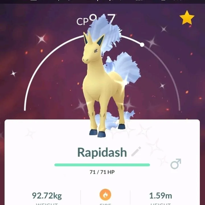 Shiny Rapidash in-game screen in Pokémon Go