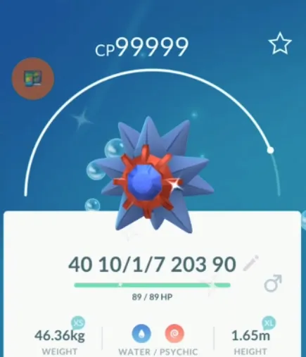 Shiny Starmie in-game screen in Pokémon Go