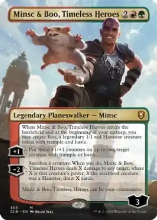 Image of Boo jumping off Minsc's hand on Minsc and Boo, Timeless Heroes MTG CLB card