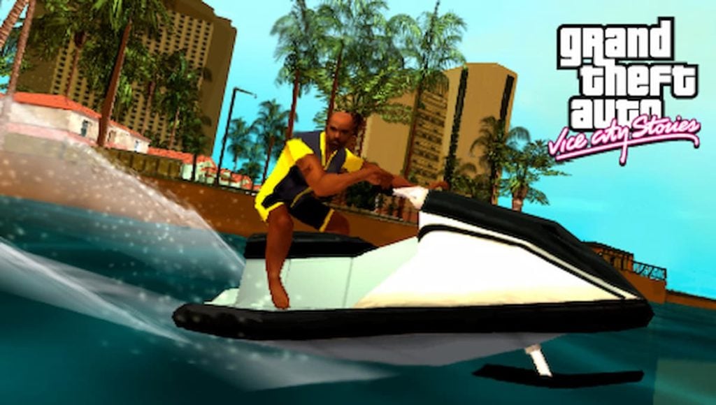 A character riding a jet ski in Grand Theft Auto: Vice City Stories with the title splash on the right