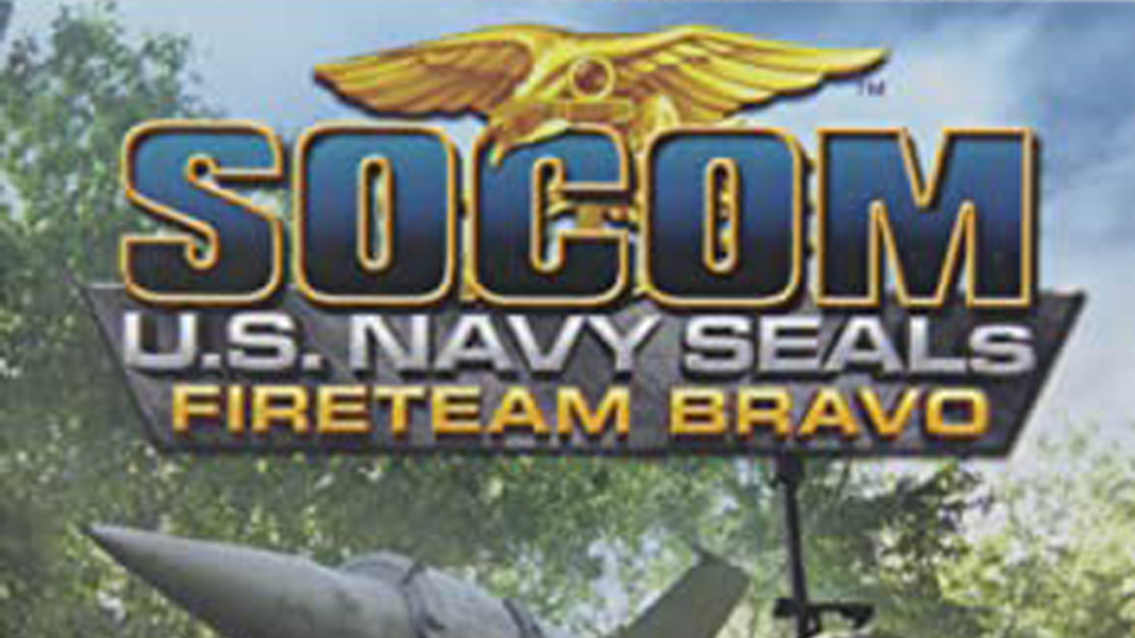 SOCOM: U.S. Navy SEALs Fireteam Bravo title splash with a jet in the bottom
