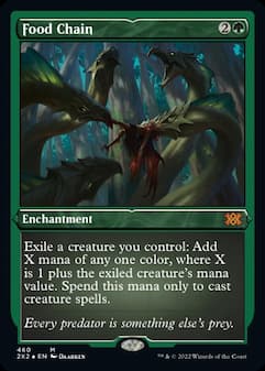 Image of creatures going after food in tree through Food Chain 2X2 MTG card