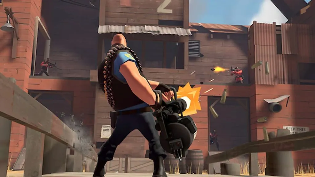 A Blue Heavy from Team Fortress 2, standing and firing his minigun from his hip at enemy soldiers outside a half-destroyed building.