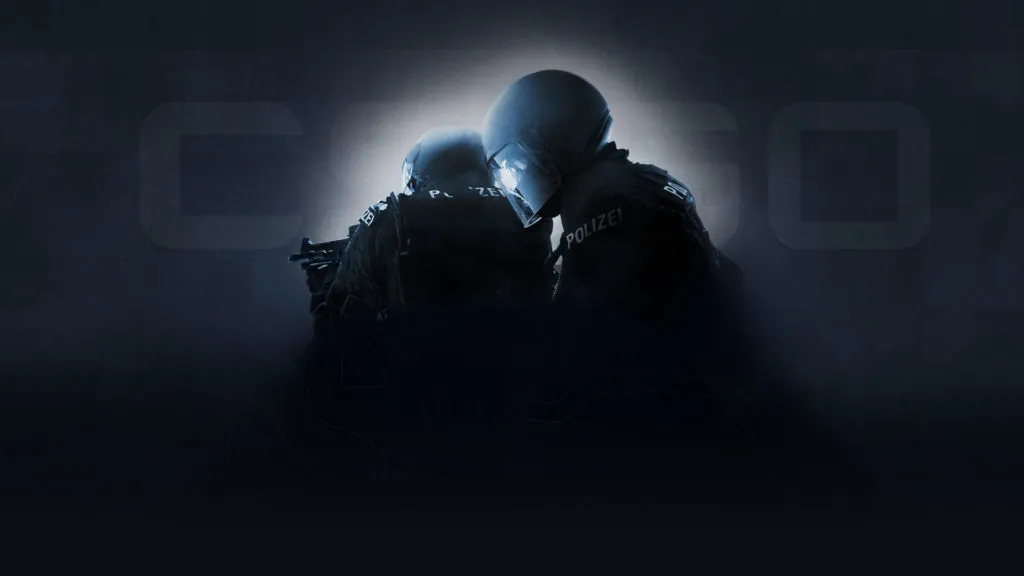 Two soldiers shrouded in mist wearing police uniforms, with the CS:GO logo in the background.