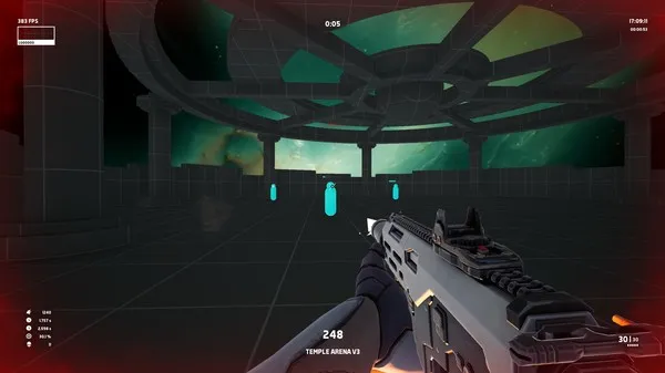 A player aims at a basic model of an enemy in Aimbeast, hovering their crosshair over the enemy's head.
