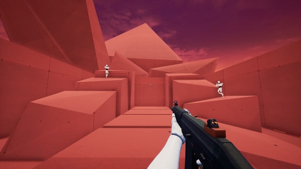 A player holds a rifle in an area of KovaaK's built by basic, red shapes. There are silhouettes of enemies running across the landscape.