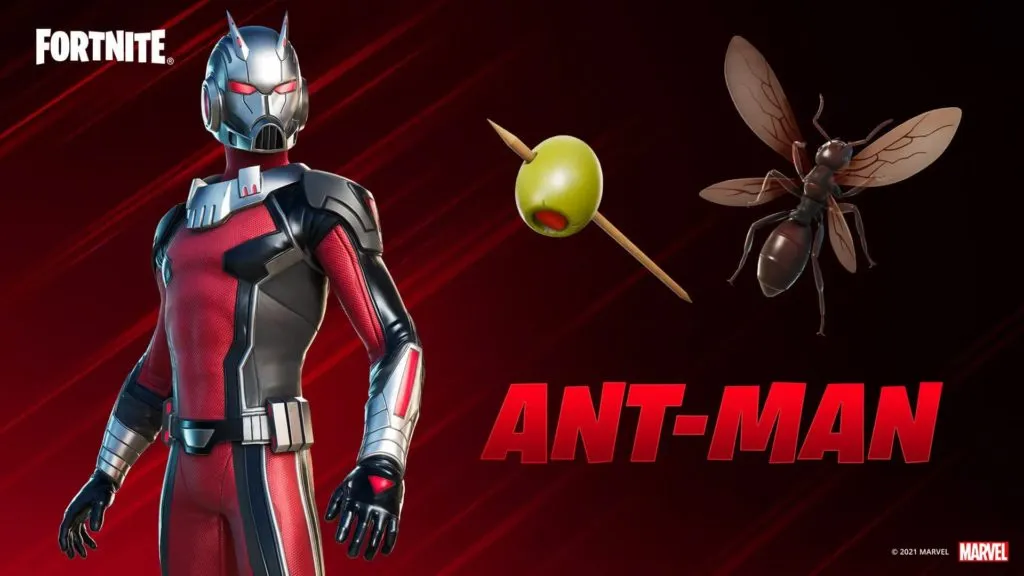 Antman stand prominently on the left with a flying ant and olive with a toothpick to the right of for scale. The Fortnite logo is showcased on the top left.