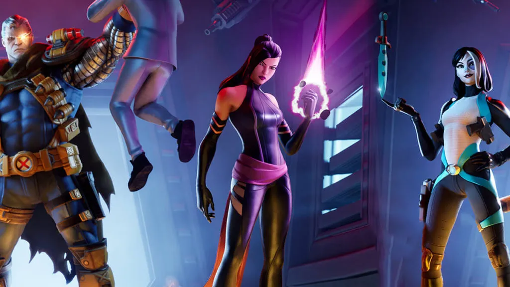 Psylocke stand in the center wielding her energy word with Domino balancing her knife on her finger and Cable slightly out of frame is choking someone and holding him up.