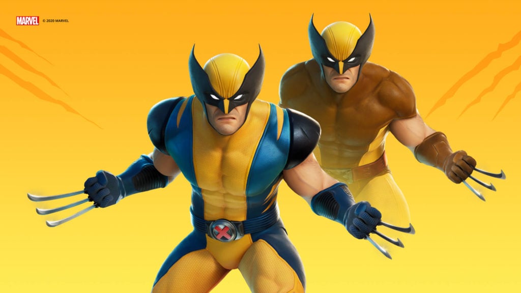 two versions of Wolverine stand centered with the front having a more classic blue stripe and the other having more brown.