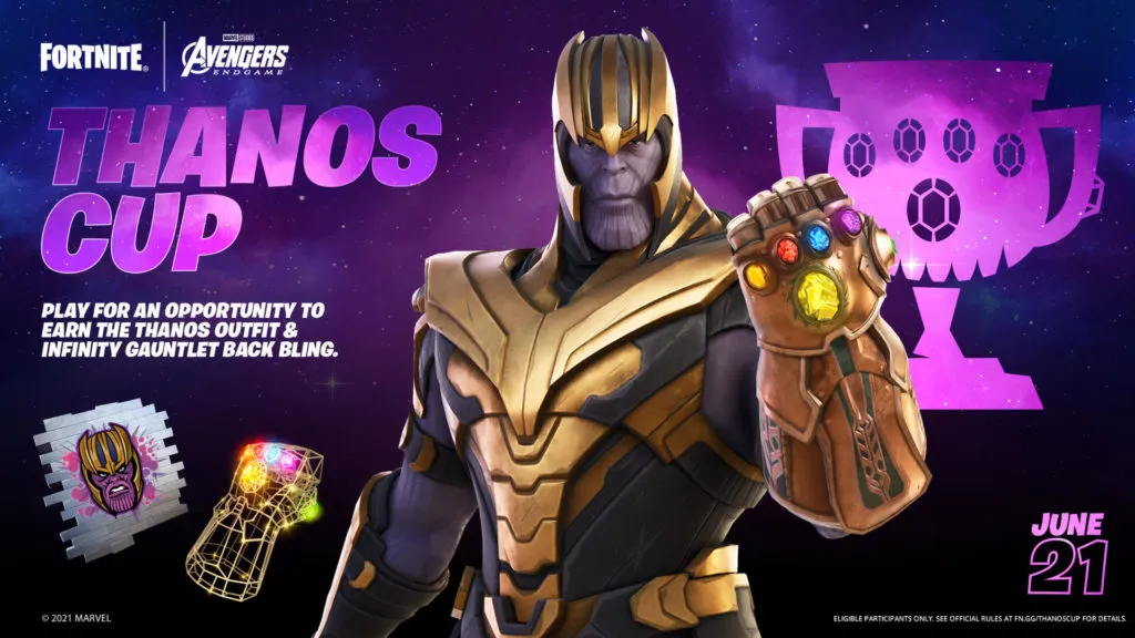 Thanos is shown on the right in his iconic gold suit from Avengers infinity War with a fully filled gauntlet.