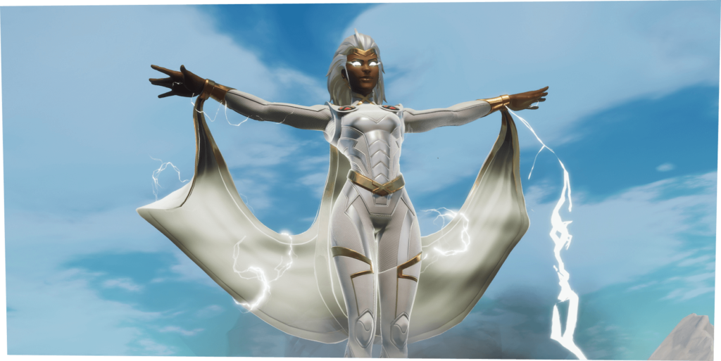 Storm is shown with her iconic white suit and long white hair as she levitates and summons lightning.