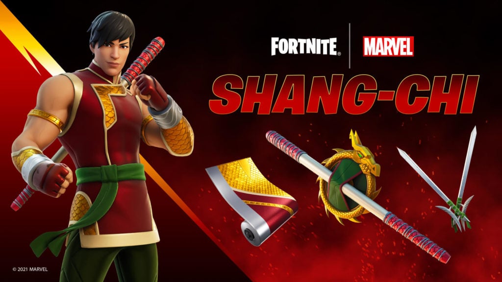 Shang-Chi is shown on the left in a fighting pose with his baton and back bling item on. His items like his scroll and back item are also shown on the right.