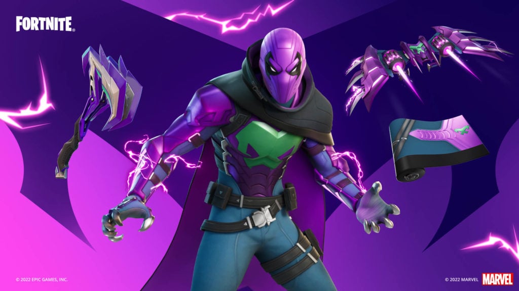 prowler stand front and center with electrified arms with his pickaxes and glider to his left and right.