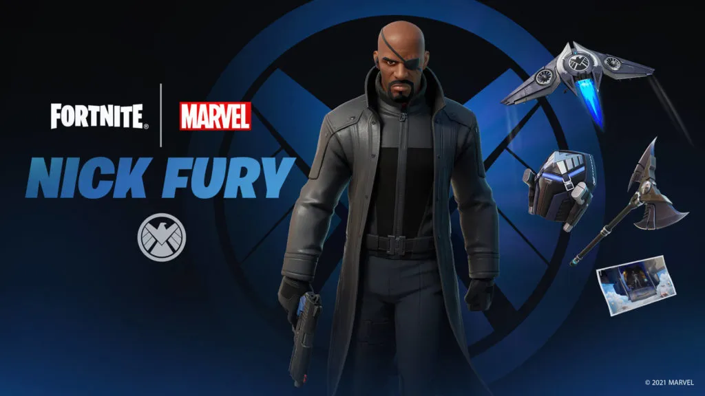 Nick Fury with his classic trench coat and eye patch stands front and center with his glider, pickaxe, backpack and a postcard on the right.