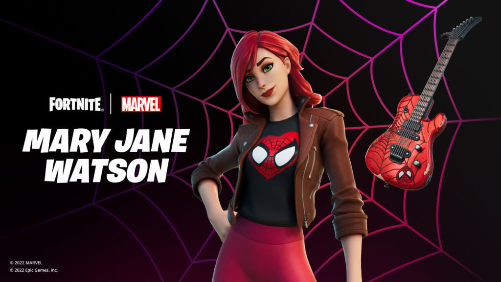 Mary Jane is showcased in the center wearing a Spidey face heart t-shirt and red jacket with a Spidey guitar on the right.