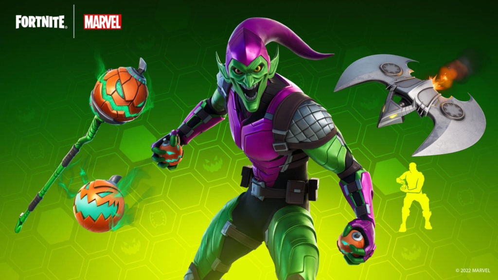 Green Goblin is showcased in the center wielding two pumpkin bombs with his glider on the right and his pickaxe and additional pumpkin bomb on the left.