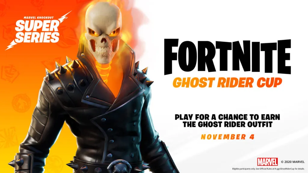 Ghost Rider with hie flaming skull and leather jacket is showcased on the left from his torso up with a Ghost Rider Cup logo on the right