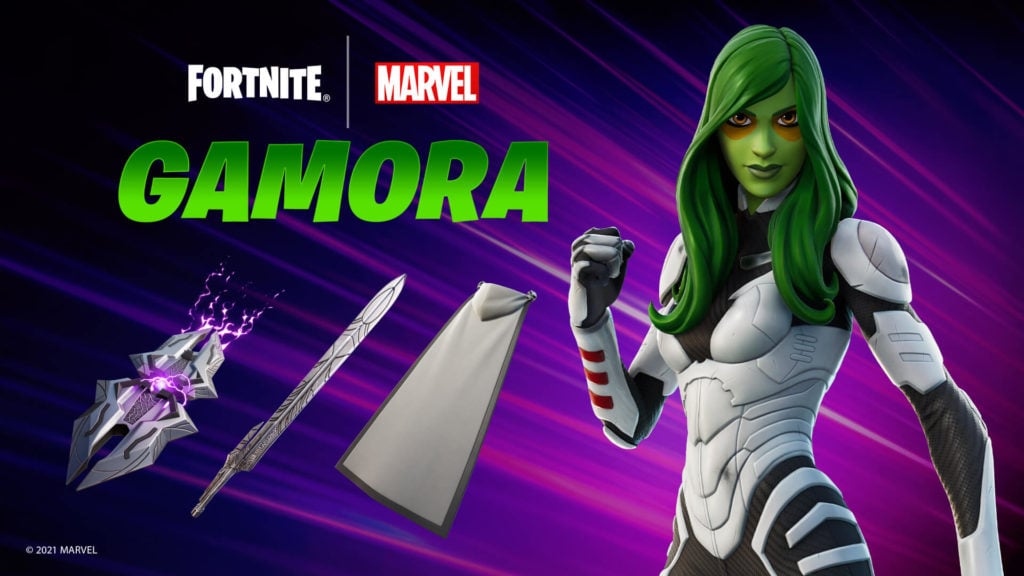 Gamora in her greyish white suit is showcased on the right wither her cosmetics and cape on the left.