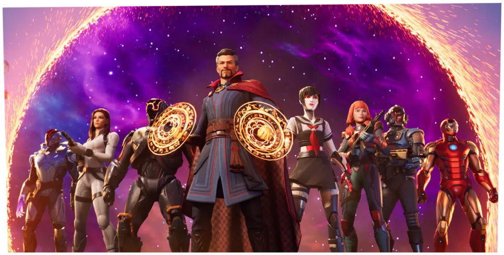 Doctor Strange exits a portal with other Fortnite characters following him through.