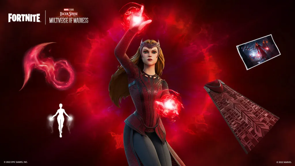Scarlett Witch is shown using her magic with a red ethereal background.