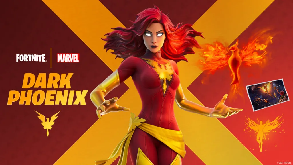Dark Phoenix in her red and yellow suit is showcased in the center with the mythical phoenix bird on the right