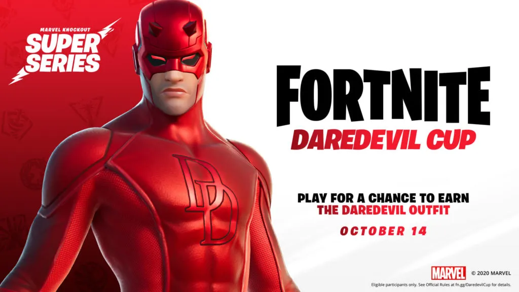 Daredevil is showcased on the left from the torso up with a Daredevil cup logo on the right.