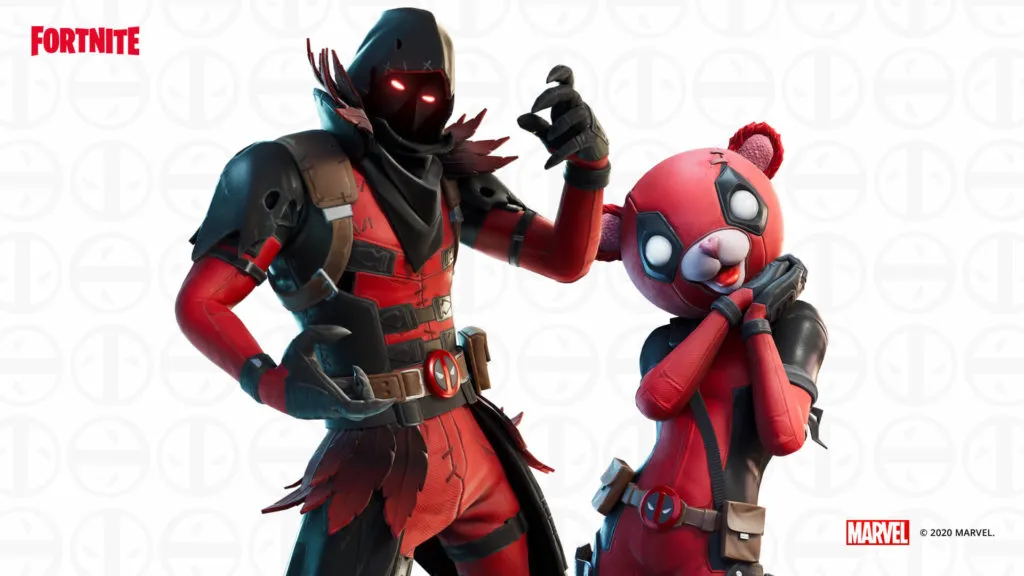 Ravenpool is standing front and center with Cuddlepool wearing a stuffed bear mask in a white background.