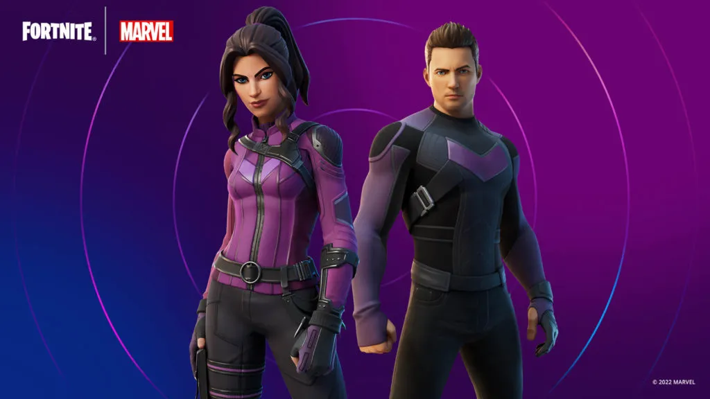 Both Kate Bishop and Clint Barton are showcased front and center with the mirrored purple and black suits.