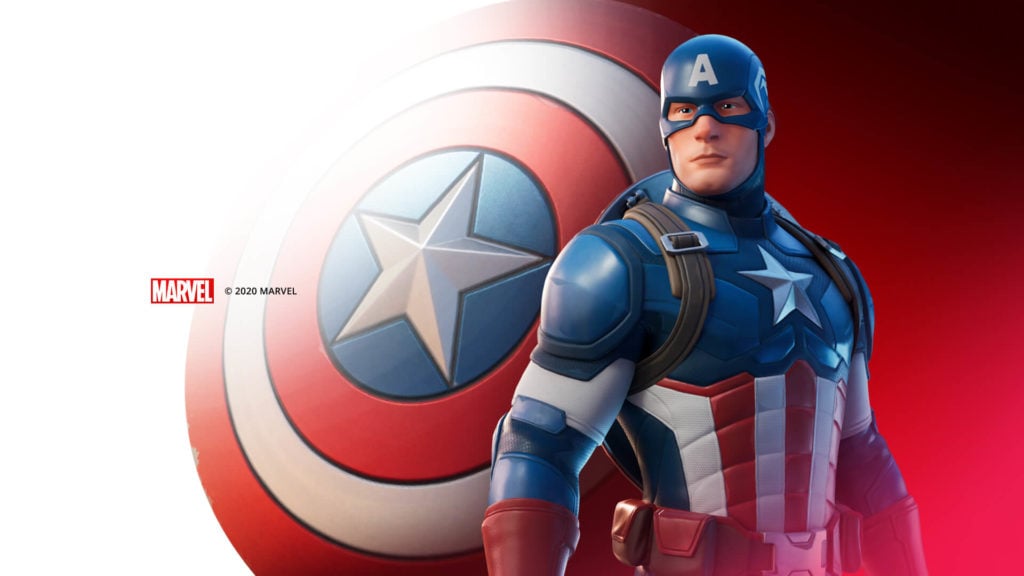 Captina America is on the right with a backdrop of his own shield that fades to white the more left you look.