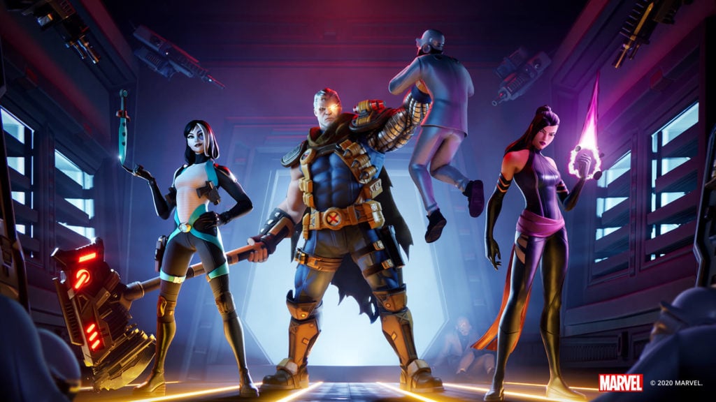 Cable is centered in the frame holding up a man by his throat with Domino on his left balancing a knife her hand and Psylocke on his right wielding a energy-like blade of her own.