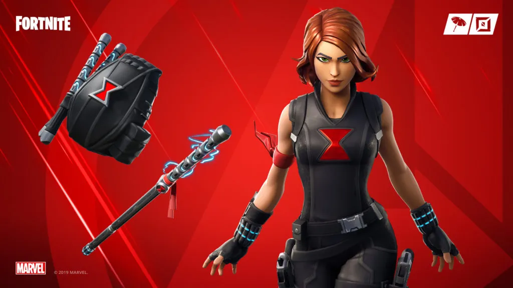 Black Widow is showcased center right with her back item and a cattle prod like baton on the left.