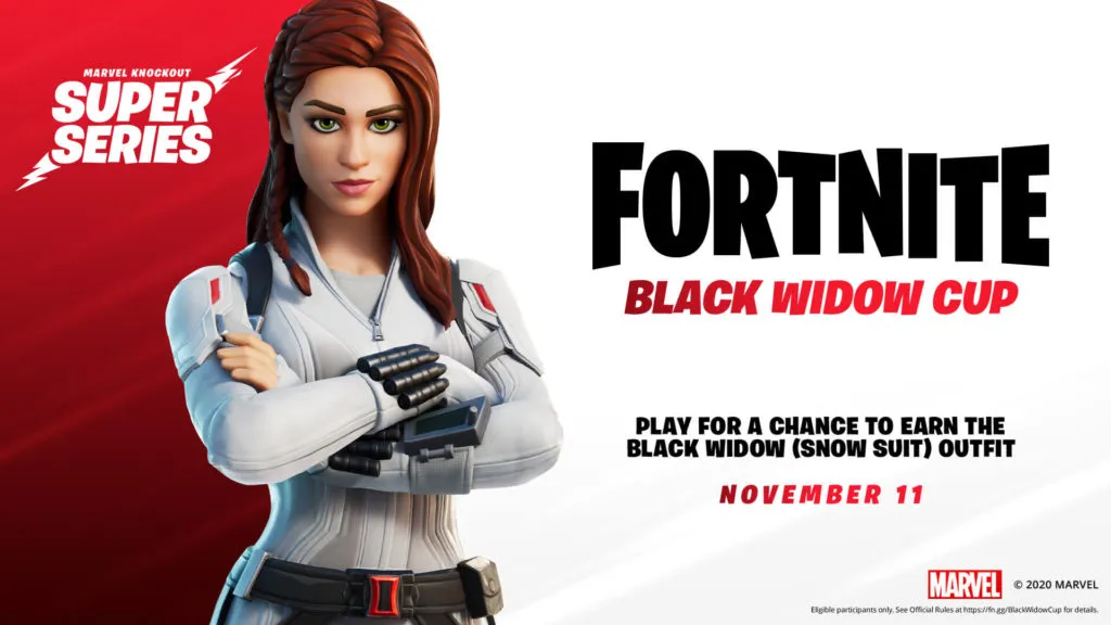 White suit Black Widow is shown crossing her arms with the Black Widow Cup logo on the right.
