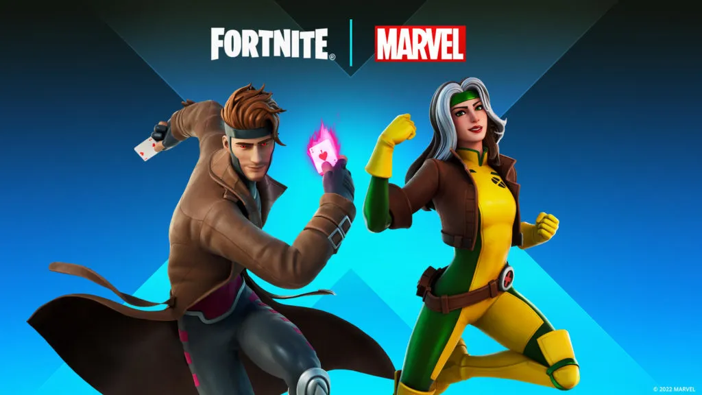 Gambit in his trench coat is showcased to the left of yellow suit and jacket Rogue with a Blue X in their backdrop.
