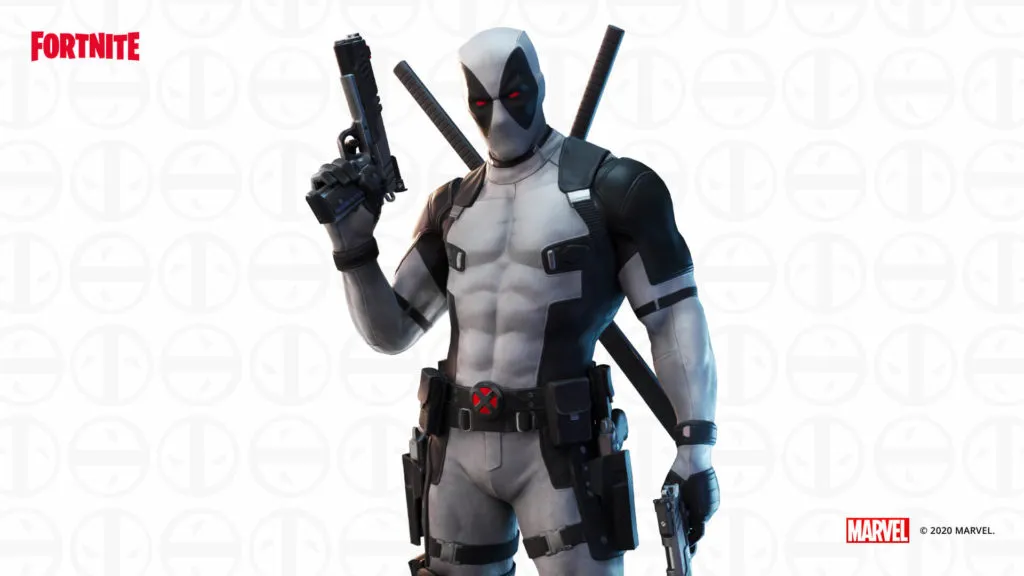 Deadpool in his grey and black suit stand ready wielding his two pistols and two sword on his back.