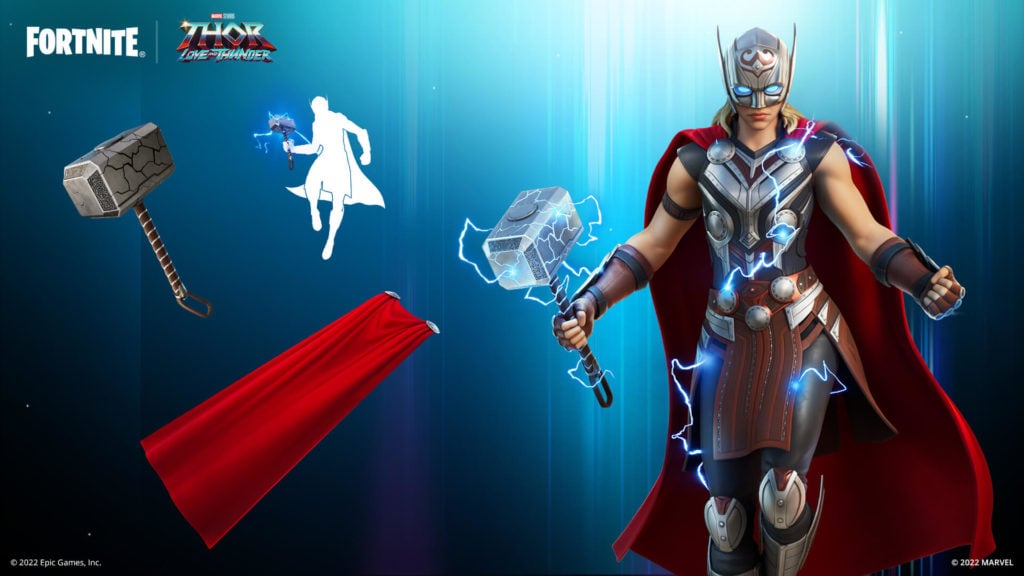 Mighty Thor floats on the right wielding Mjolnir with additional items shown on the left.
