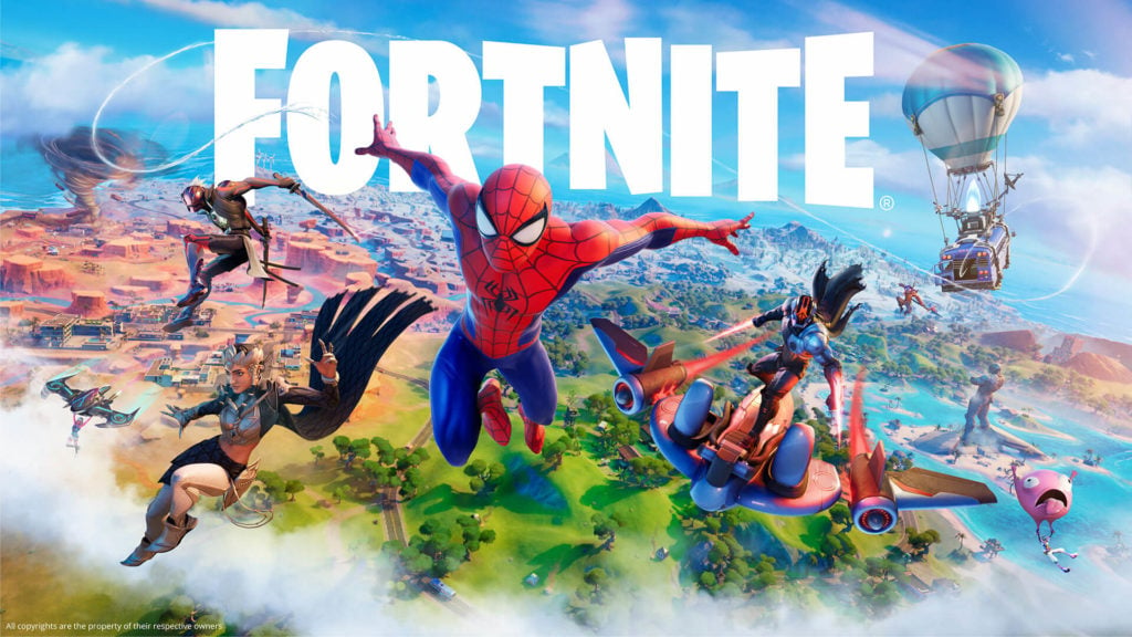 Spider-man is shown leaping through the air high in the sky with other characters behind him with the entire map shown behind him from the sky