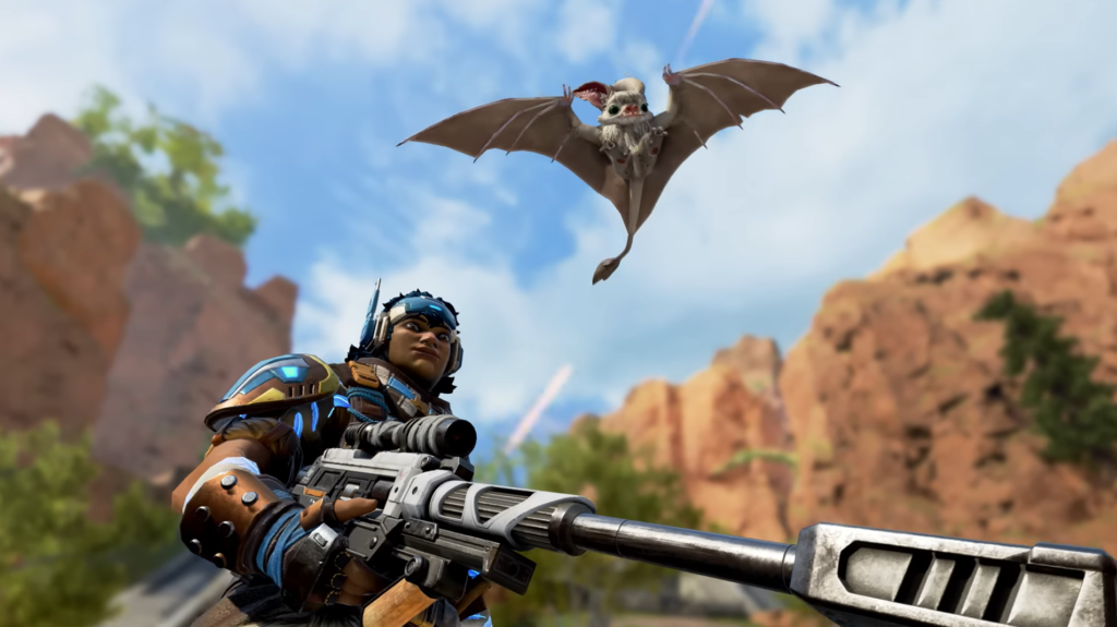Vantage holds a sniper rifle while her bat companion, Echo, flies above her.