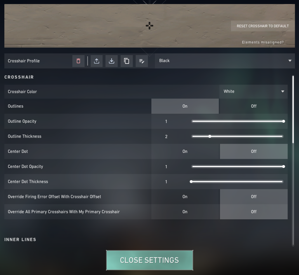 Screenshot of the Crosshair settings in VALORANT.