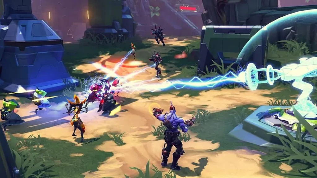 A variety of characters stand in a field and fire weapons at each other in Battleborn.