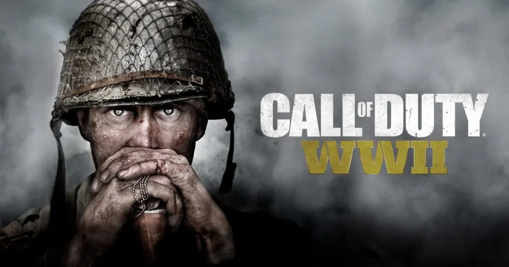 Key art for Call of Duty: WW2, with a soldier resting their head on the butt of a rifle.