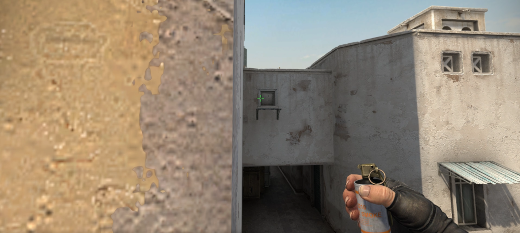 A CS:GO player holds a smoke grenade in Dust 2's T spawn, preparing to throw it towards the center of the map.