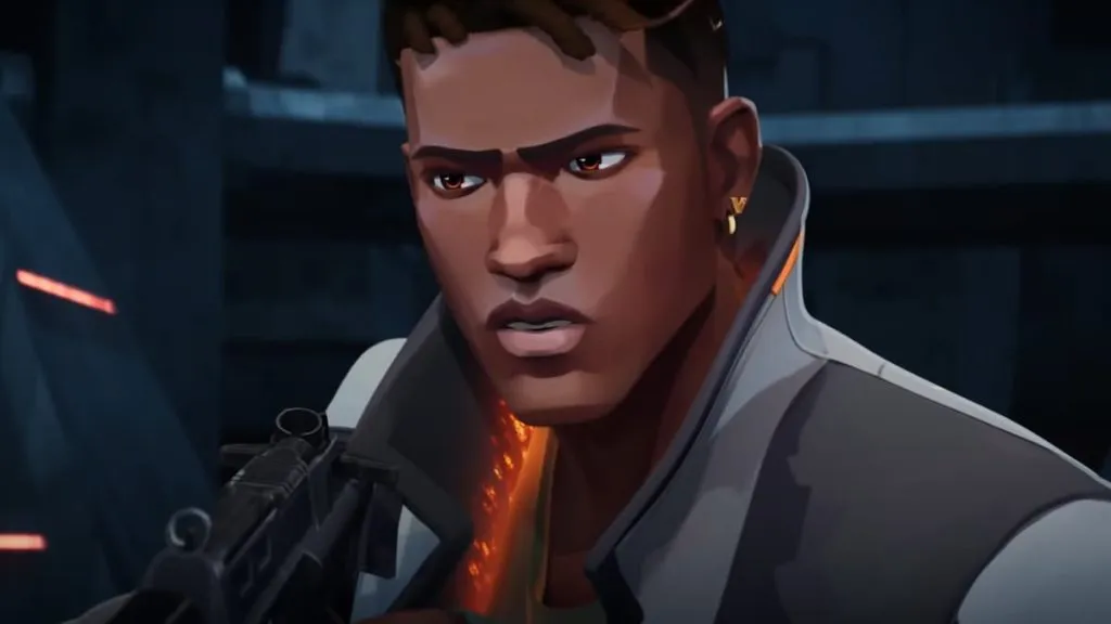 A close-up of Phoenix looking confused. He's holding a gun in his right hand.