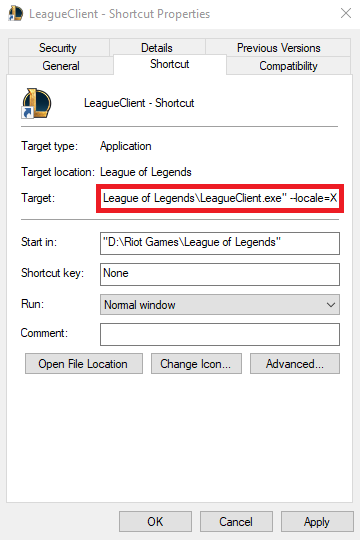 Screenshot of the LeagueClient Shortcut Properties window.