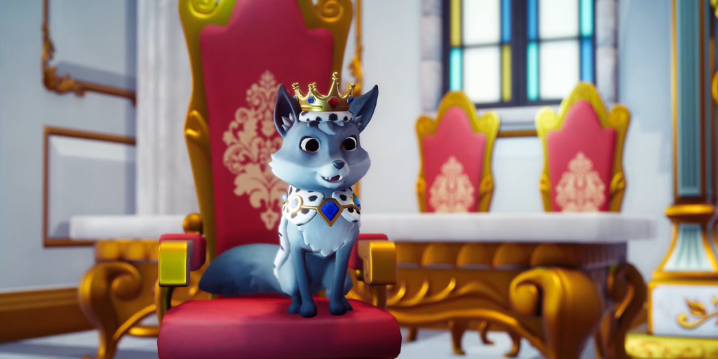 a fox wearing a crown and robe sitting in a throne in disney dreamlight valley